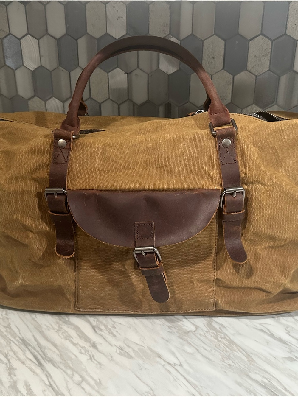 Waxed Canvas Travel Duffel Bag with Leather Accents - Brown